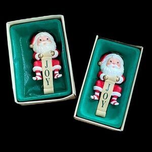Pair Santa Stocking Hangers Vintage Joy Christmas